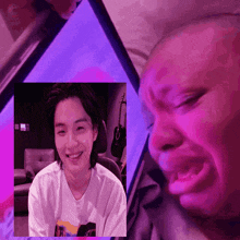 a man is smiling and a man is crying