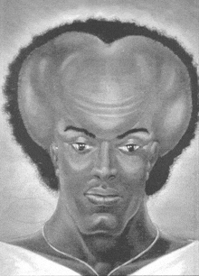 a black and white drawing of a man 's face with a heart shaped head