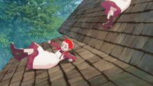 two girls falling off a wooden roof in a cartoon