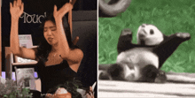 a woman with her arms in the air next to a panda bear with its arms outstretched