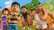 a group of cartoon characters are standing in a field .