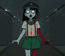 a cartoon character with a hat and suspenders is standing in a hallway