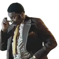 a man in a suit adjusts his glasses while wearing a leopard print shirt