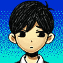 a pixel art of a boy with black hair and a choker on his neck .