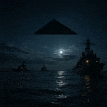 a triangle is flying over a ship in the middle of the ocean