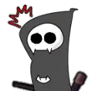 a cartoon grim reaper with a skull on his head and a stick in his hand .
