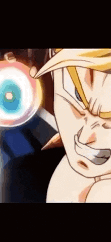 a close up of a cartoon character 's face with a glowing object behind him .