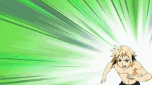a shirtless anime character is running in a green and white background