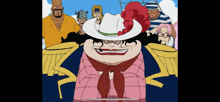 a group of people are standing around a cartoon character wearing a white hat and a pink shirt