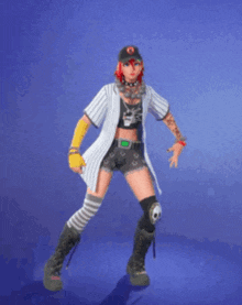 a girl with red hair is wearing a baseball cap and knee pads