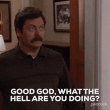a man with a mustache is standing in a hallway and says good god , what the hell are you doing ?