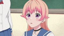 a girl with pink hair and purple eyes wearing a choker