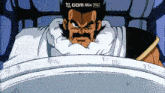 a man with a mustache is laying in a hospital bed with a sign that says gom mix pro