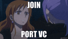 a picture of two anime characters with the words join port vc