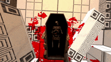 a skeleton is in a coffin with blood coming out of it