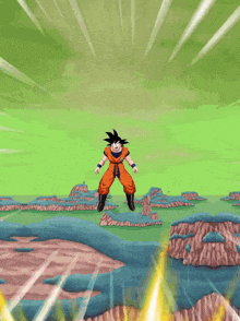 a cartoon character named goku is standing in front of a green and yellow background