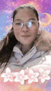 a woman wearing glasses and a white jacket with a purple background