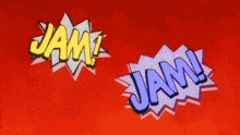a red background with a yellow and blue speech bubble that says jam