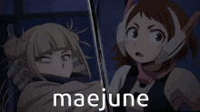 two anime girls are standing next to each other and the words maejune are on the bottom