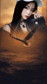 a painting of a woman holding a wallet with a bird flying in the background