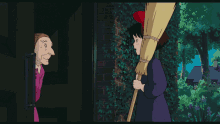 a cartoon of a girl holding a broom