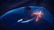 a person is holding a sword in a dark room