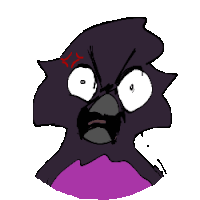 a cartoon drawing of a black bird with a purple feathered chest