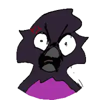 a cartoon drawing of a black bird with a purple feathered chest
