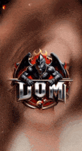 a logo for a video game called dom with a demon on it