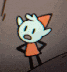 a cartoon character with a surprised look on his face is wearing an orange shirt and hat .