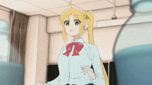 a drawing of a girl with blonde hair and a red bow tie