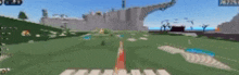 a blurred image of a video game scene with a castle in the background