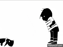 a black and white drawing of a boy and a girl standing next to a dog .