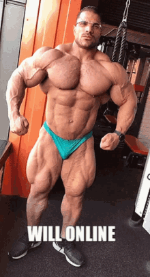 a very muscular man in a gym with the words will online above him