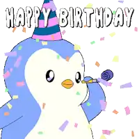 a penguin wearing a party hat is blowing a party horn with the words happy birthday above it