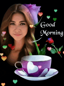 a picture of a woman and a cup of coffee with the words good morning