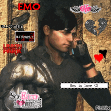 a picture of a man talking on a cell phone with the words emo is love on the bottom
