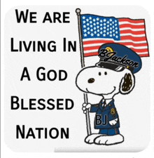 a picture of snoopy holding an american flag with the words we are living in a god blessed nation below him