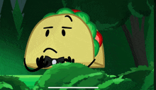 a taco with a sad face is hiding in a bush