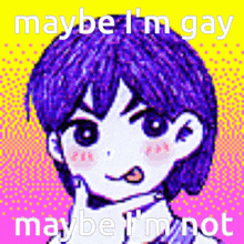 a cartoon of a boy with purple hair and the words maybe i 'm gay maybe i 'm not