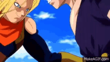 a couple of anime characters are standing next to each other and looking at each other .