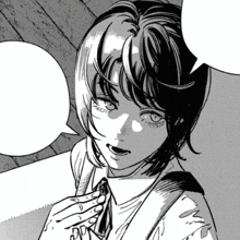 a black and white drawing of a girl with a speech bubble .