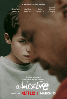 a poster for adolescence on netflix shows a man and a boy
