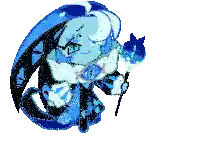 a blue and black drawing of a cat with a microphone in its mouth