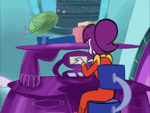 a cartoon of a woman sitting at a desk with a purple object in the background