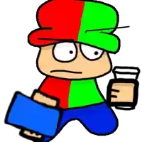 a cartoon character wearing a red , green and blue hat is holding a glass of water .