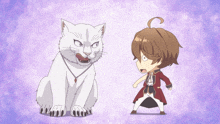 a white cat is sitting next to a boy in a red coat