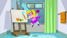 a girl in a purple superhero costume is holding a carrot and painting on an easel