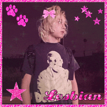 a girl wearing a black shirt that says lesbian on it