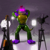 a green and purple crocodile with a purple head
